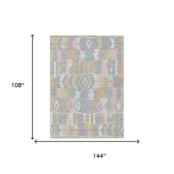 9 X 12 Pewter Gray Geometric Polyester Rug Washable for Patio Porch or Living Room