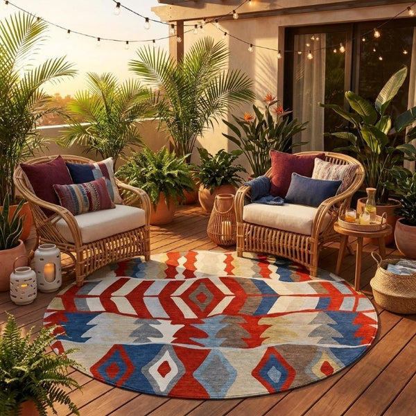8 Foot Round Geometric Polyester Rug Stain Resistant for Patio Porch or Family Room
