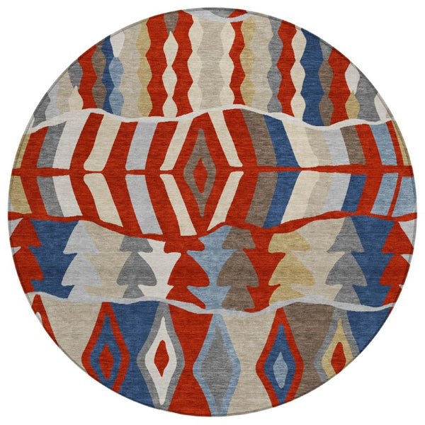HomeRoots 8 Foot Round Geometric Polyester Rug Stain Resistant for Patio Porch or Family Room 743704