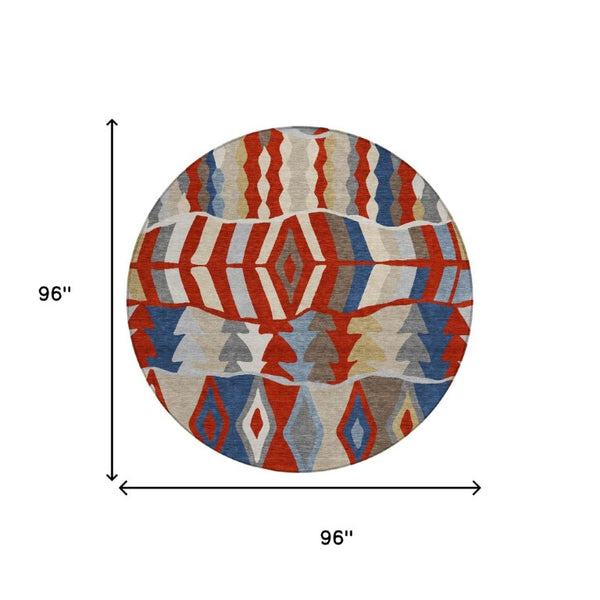 8 Foot Round Geometric Polyester Rug Stain Resistant for Patio Porch or Family Room