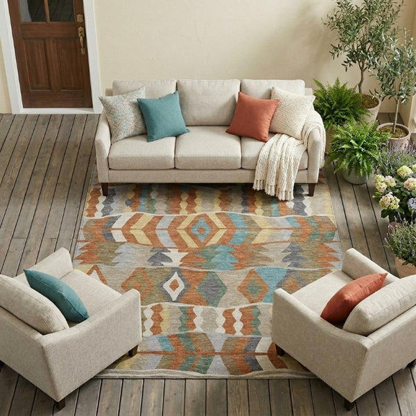 9 X 12 Rust Orange Geometric Polyester Area Rug Washable Stain Resistant Outdoor