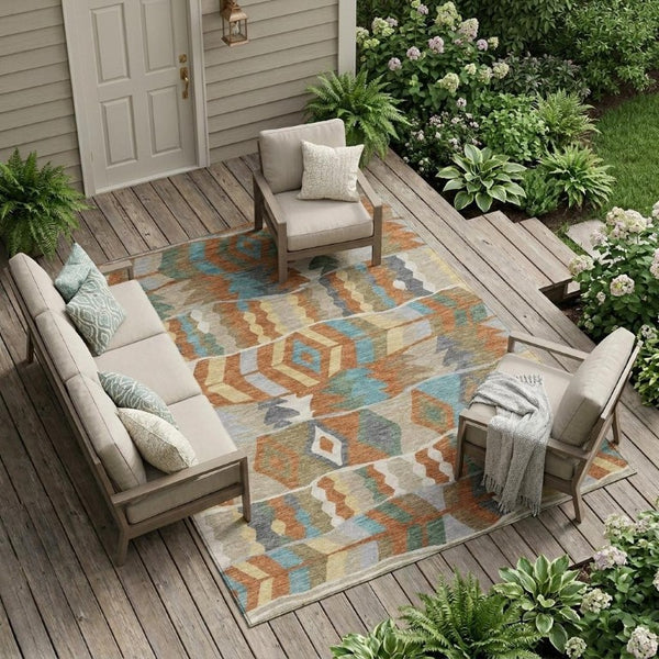 10 X 14 Geometric Rust Polyester Area Rug Washable Stain Resistant Indoor Outdoor