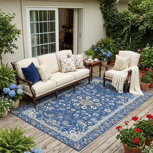 5x8 Blue Silver Oriental Polyester Area Rug Washable for Indoor Outdoor Use