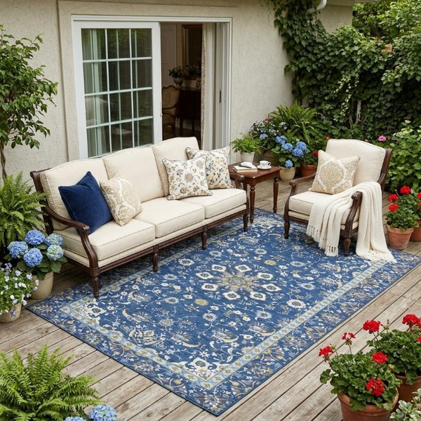 5x8 Blue Silver Oriental Polyester Area Rug Washable for Indoor Outdoor Use