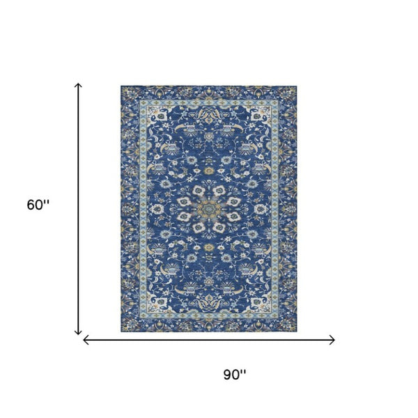 5x8 Blue Silver Oriental Polyester Area Rug Washable for Indoor Outdoor Use