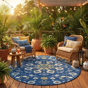 8 Ft Round Oriental Polyester Area Rug Washable Indoor Outdoor Blue Silver