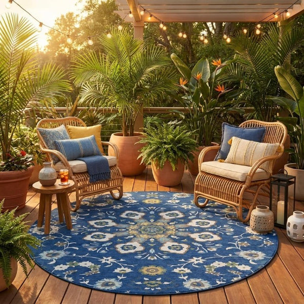 8 Ft Round Oriental Polyester Area Rug Washable Indoor Outdoor Blue Silver