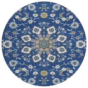 HomeRoots 8 Ft Round Oriental Polyester Area Rug Washable Indoor Outdoor Blue Silver 743716