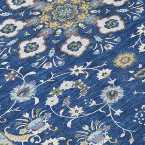 8 Ft Round Oriental Polyester Area Rug Washable Indoor Outdoor Blue Silver