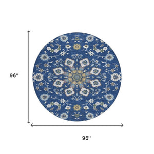 8 Ft Round Oriental Polyester Area Rug Washable Indoor Outdoor Blue Silver