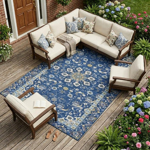 8 Ft X 10 Ft Blue Silver Oriental Polyester Area Rug for Patio or Living Room