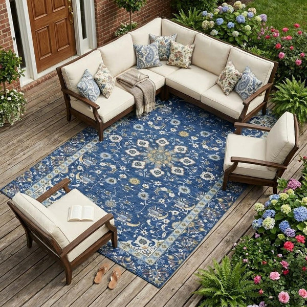 8 Ft X 10 Ft Blue Silver Oriental Polyester Area Rug for Patio or Living Room