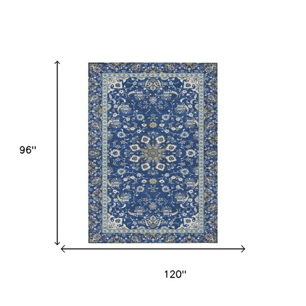 8 Ft X 10 Ft Blue Silver Oriental Polyester Area Rug for Patio or Living Room