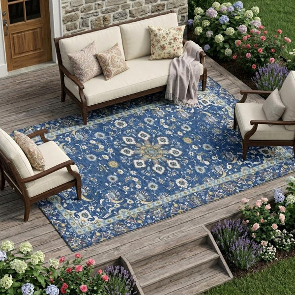 9 X 12 Blue Silver Oriental Polyester Area Rug Washable for Indoor Outdoor Use
