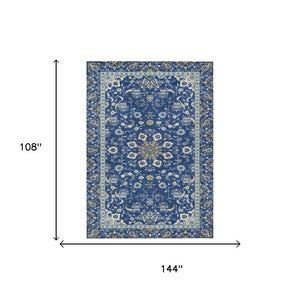 9 X 12 Blue Silver Oriental Polyester Area Rug Washable for Indoor Outdoor Use