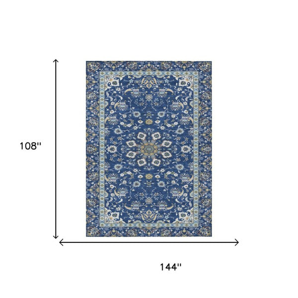 9 X 12 Blue Silver Oriental Polyester Area Rug Washable for Indoor Outdoor Use