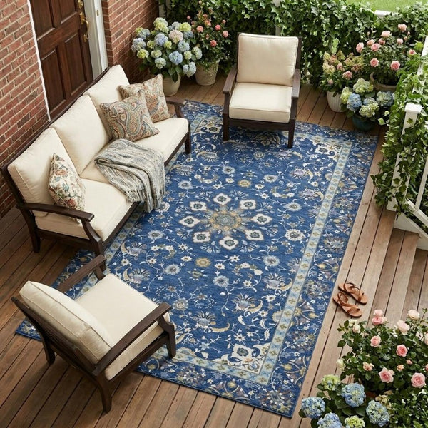 10 X 14 Oriental Polyester Area Rug Washable Indoor Outdoor Blue Silver Pattern