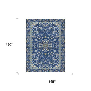 10 X 14 Oriental Polyester Area Rug Washable Indoor Outdoor Blue Silver Pattern