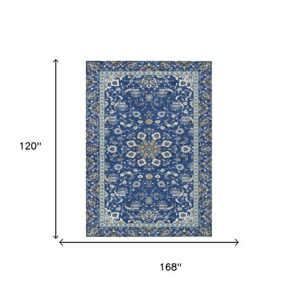 10 X 14 Oriental Polyester Area Rug Washable Indoor Outdoor Blue Silver Pattern