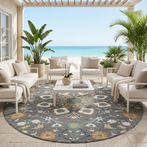 8 Foot Round Oriental Polyester Area Rug Washable Stain Resistant for Patio or Home