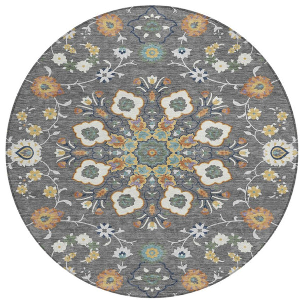 HomeRoots 8 Foot Round Oriental Polyester Area Rug Washable Stain Resistant for Patio or Home 743722