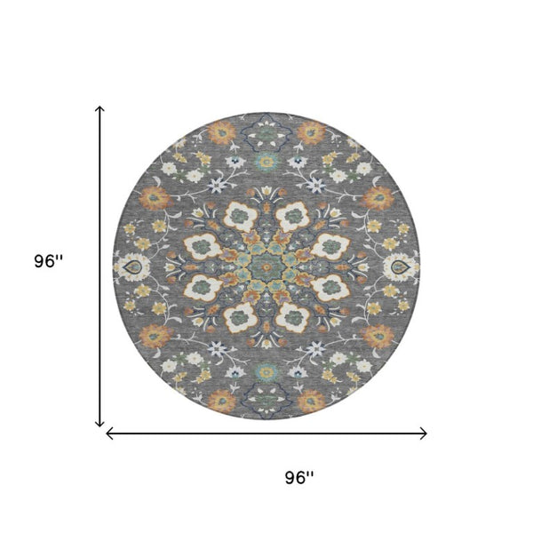 8 Foot Round Oriental Polyester Area Rug Washable Stain Resistant for Patio or Home