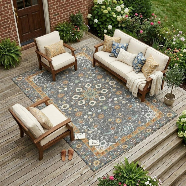 10 X 14 Oriental Polyester Area Rug Washable Indoor Outdoor Gray Graphite