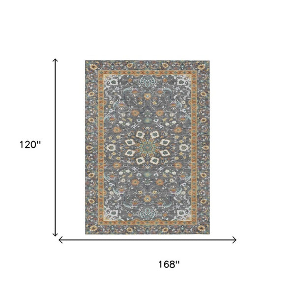 10 X 14 Oriental Polyester Area Rug Washable Indoor Outdoor Gray Graphite