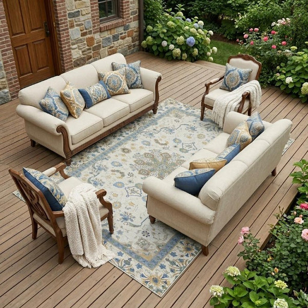 10 X 14 Ivory Silver Oriental Polyester Washable Rug for Patio Porch or Living Room