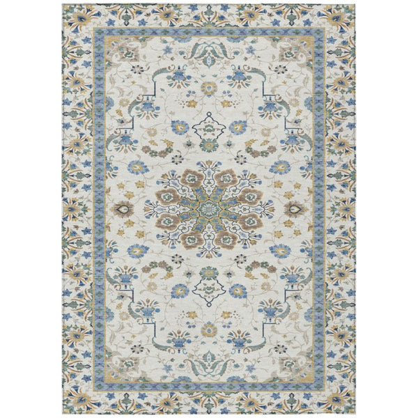 HomeRoots 10 X 14 Ivory Silver Oriental Polyester Washable Rug for Patio Porch or Living Room 743731