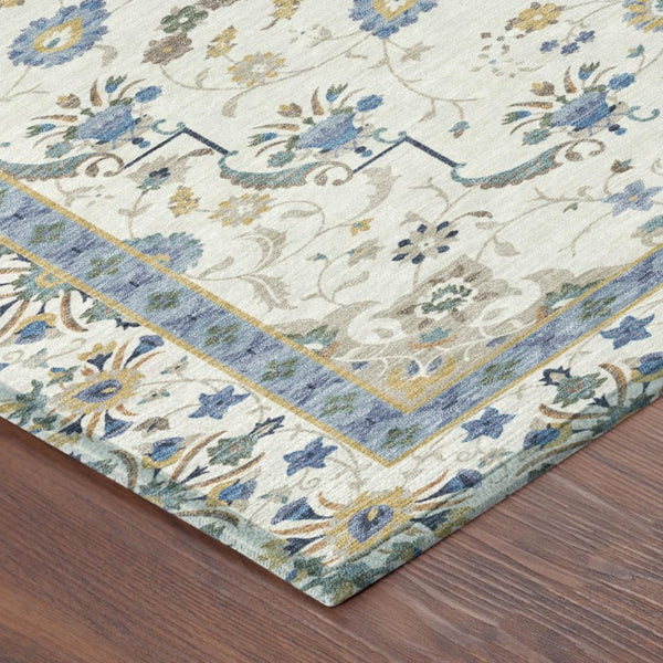 10 X 14 Ivory Silver Oriental Polyester Washable Rug for Patio Porch or Living Room