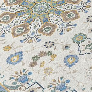 10 X 14 Ivory Silver Oriental Polyester Washable Rug for Patio Porch or Living Room
