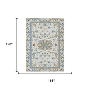10 X 14 Ivory Silver Oriental Polyester Washable Rug for Patio Porch or Living Room