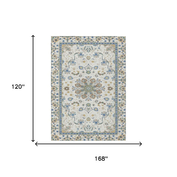 10 X 14 Ivory Silver Oriental Polyester Washable Rug for Patio Porch or Living Room