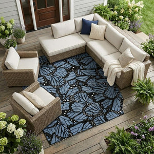 10 Ft X 14 Ft Blue Animal Print Washable Polyester Rug for Patio or Living Room