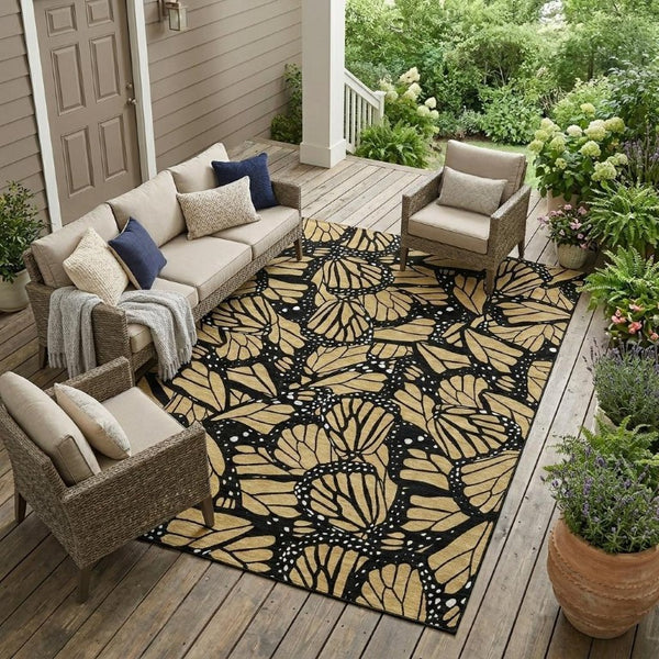 8 X 10 Gold Black Animal Print Polyester Area Rug Stain Resistant Indoor Outdoor