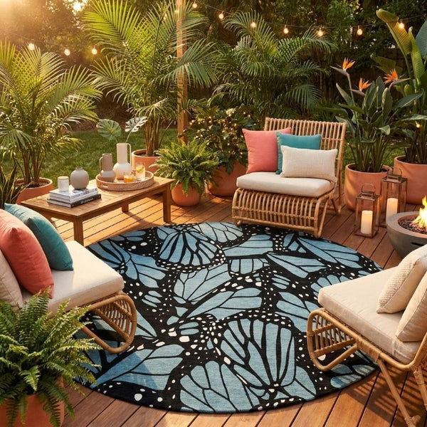 8 Ft Round Animal Print Polyester Area Rug Washable Teal Stain Resistant Indoor Outdoor