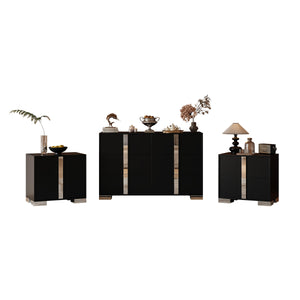 English Elm 3-Pieces Mirrored 6-Drawer Dresser and Two Nightstands with Sleek Metal Legs for Modern Living Black 54.25 L x 20.75 W x 8.5 H N733S307938B