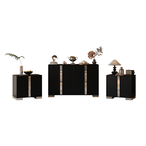 English Elm 3-Pieces Mirrored 6-Drawer Dresser and Two Nightstands with Sleek Metal Legs for Modern Living Black 54.25 L x 20.75 W x 8.5 H N733S307938B