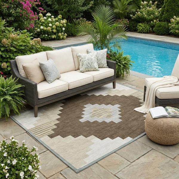 5x8 Chocolate Brown Geometric Polyester Area Rug Washable for Indoor Outdoor Use