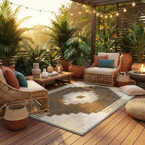 8 Ft Round Geometric Polyester Area Rug Washable Indoor Outdoor Patio Brown