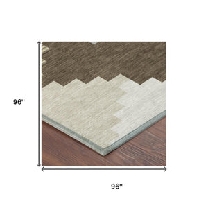 8 Ft Round Geometric Polyester Area Rug Washable Indoor Outdoor Patio Brown