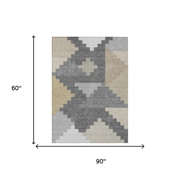 5x8 Gray Graphite Geometric Polyester Area Rug Washable Stain Resistant Indoor Outdoor