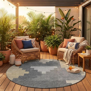 8 Ft Round Geometric Polyester Rug Washable Indoor Outdoor Patio Kitchen Gray