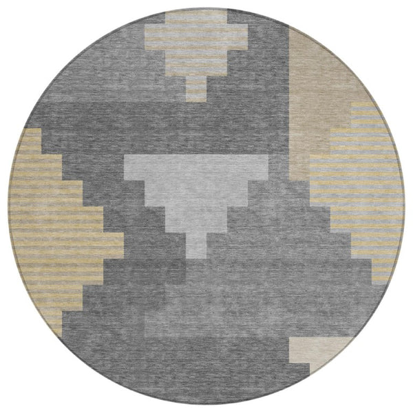 HomeRoots 8 Ft Round Geometric Polyester Rug Washable Indoor Outdoor Patio Kitchen Gray 743824