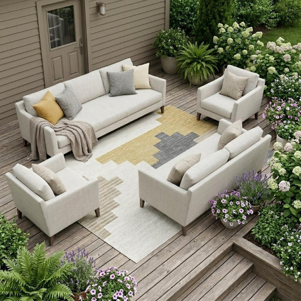 8 X 10 Ivory Beige Geometric Polyester Area Rug Washable Stain Resistant Patio