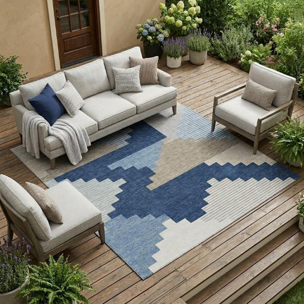10 X 14 Navy Geometric Polyester Area Rug Washable for Patio Porch or Living Room