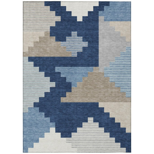 HomeRoots 10 X 14 Navy Geometric Polyester Area Rug Washable for Patio Porch or Living Room 743839