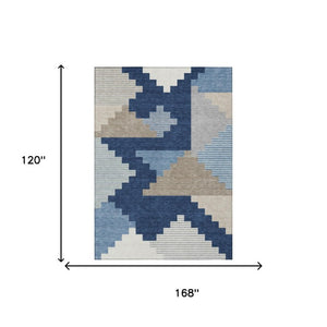 10 X 14 Navy Geometric Polyester Area Rug Washable for Patio Porch or Living Room