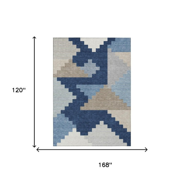 10 X 14 Navy Geometric Polyester Area Rug Washable for Patio Porch or Living Room